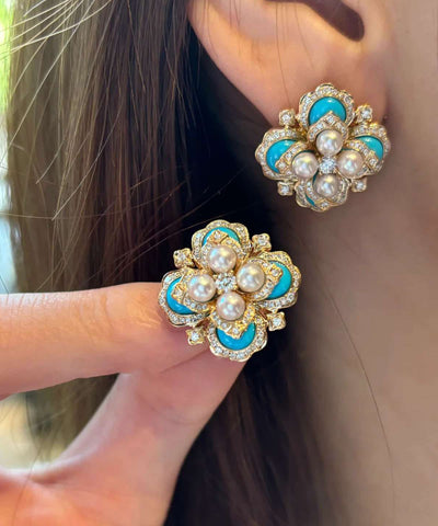 Oversize Colorblock Alloy Pearl Zircon Turquoise Stud Earrings Oversize Colorblock Alloy Pearl Zircon Turquoise Stud Earrings