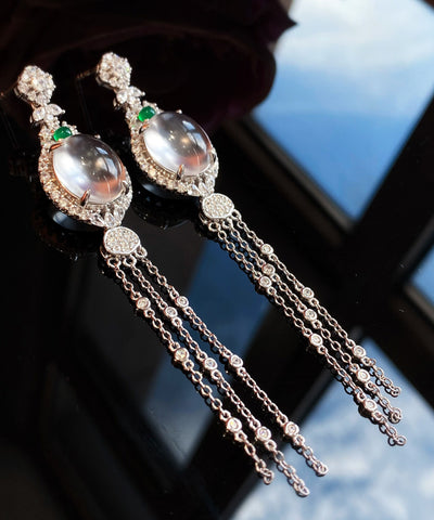 Modern Silk Sterling Silver Overgild Zircon Jade Tassel Drop Earrings Modern Silk Sterling Silver Overgild Zircon Jade Tassel Drop Earrings