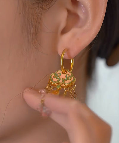 Pendientes colgantes con borlas de Ruyi, esmaltado en cobre dorado y retro  Pendientes colgantes con borlas de Ruyi, esmaltado en cobre dorado y retro