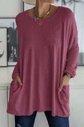 Tops casuales de cuello redondo con bolsillos y parches sólidos (13 colores)