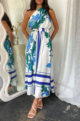 Eleganter Blumendruck mit Gürtel Unregelmäßiger schräger Kragen Unregelmäßige Kleider