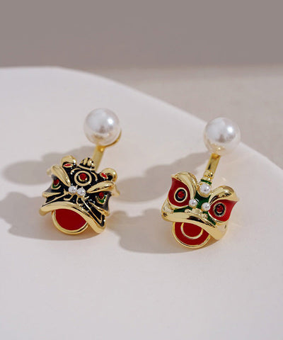 Original Design Gold Sterling Silver Overgild Pearl Lion Head Stud Earrings Original Design Gold Sterling Silver Overgild Pearl Lion Head Stud Earrings