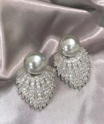 Fine Grey Sterling Silver Pearl Zircon Stud Earrings Fine Grey Sterling Silver Pearl Zircon Stud Earrings