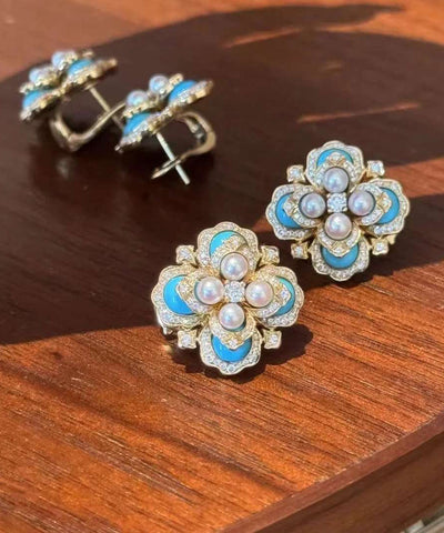 Oversize Colorblock Alloy Pearl Zircon Turquoise Stud Earrings Oversize Colorblock Alloy Pearl Zircon Turquoise Stud Earrings
