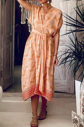 Lässiges Urlaubskleid mit Blumendruck, Bandage, V-Ausschnitt, Strandkleid mit kurzen Ärmeln