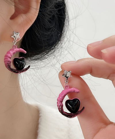 Gradient Color Pink Sterling Silver Alloy Glass Moon Love Drop Earrings Gradient Color Pink Sterling Silver Alloy Glass Moon Love Drop Earrings