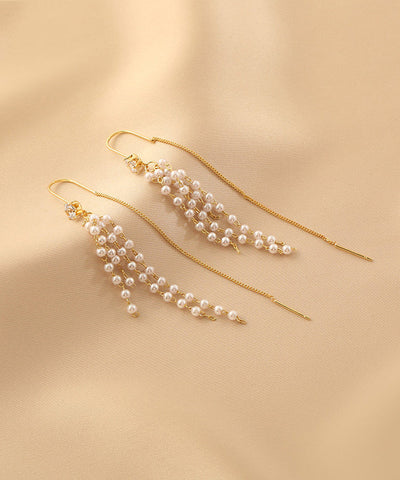 Pendientes colgantes con borlas de perlas de aleación de plata esterlina y oro de moda  Pendientes colgantes con borlas de perlas de aleación de plata esterlina y oro de moda