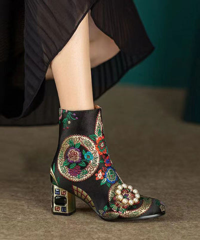 Bohemian Black Embroidery Nail Bead Zircon Chunky Heel Boots Bohemian Black Embroidery Nail Bead Zircon Chunky Heel Boots