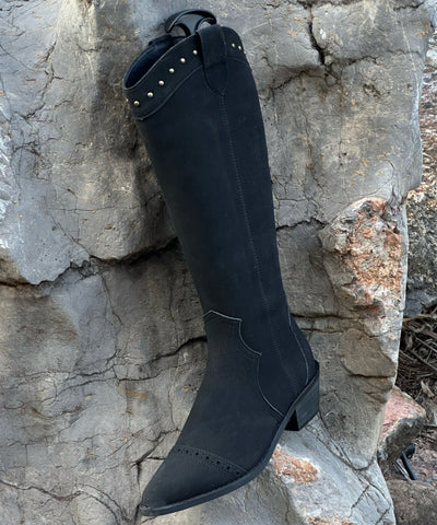 Art Splicing Chunky Boots Brown Suede Pointed Toe Rivet Art Splicing Chunky Boots Brown Suede Pointed Toe Rivet