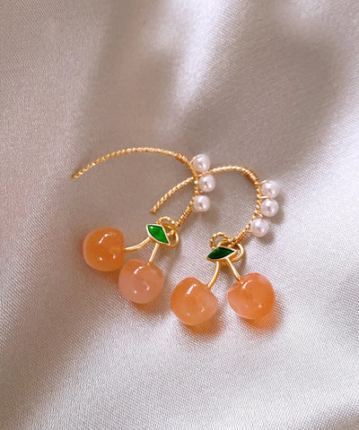 Novelty Orange Copper Alloy Cherry Pearl Hoop Earrings Novelty Orange Copper Alloy Cherry Pearl Hoop Earrings