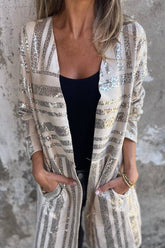 Modischer Wildleder-Midimantel mit langen Ärmeln und lockerer Tasche und Leopardenmuster in Goldfolie