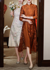 Neu Orange Stehkragen Taste Seite Offen Spitze Kleid Armband