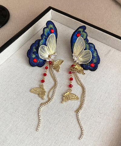 Pendientes colgantes con borlas y bordado de mariposas de tela de circonita de aleación de plata esterlina azul retro  Pendientes colgantes con borlas y bordado de mariposas de tela de circonita de aleación de plata esterlina azul retro