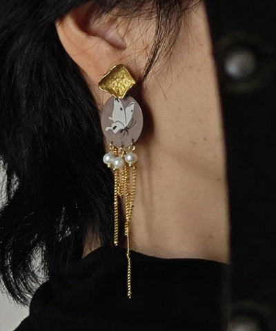 Original Design Gold Sterling Silver Overgild Pearl Butterfly Tassel Drop Earrings Original Design Gold Sterling Silver Overgild Pearl Butterfly Tassel Drop Earrings