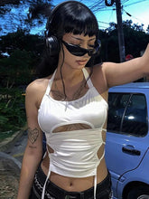 Top corto sexy de verano Y2K con espalda descubierta para mujer, con agujeros, blanco, sin mangas, estilo vendaje, estilo halter, ropa de calle, camisola de los años 90