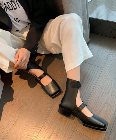 Black Chunky Cowhide Leather Classy Splicing Sandals Boots Black Chunky Cowhide Leather Classy Splicing Sandals Boots