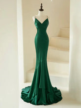 Mermaid V Neck Satin Green Long Prom Dress Formal Dress With Sweep Train