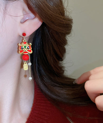 New Red Alloy Zircon Pearl Lion Dance Blessing Bag Tassel Drop Earrings New Red Alloy Zircon Pearl Lion Dance Blessing Bag Tassel Drop Earrings