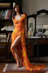 Sleeveless V-Neck Ruffle Hem Asymmetric Maxi Dress