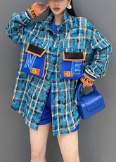 Blusas elegantes de algodón con patchwork y botones a cuadros azules de manga larga