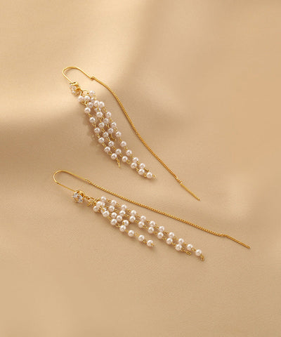 Pendientes colgantes con borlas de perlas de aleación de plata esterlina y oro de moda  Pendientes colgantes con borlas de perlas de aleación de plata esterlina y oro de moda