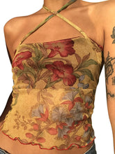 Y2K Mesh Sheer Floral T-shirt Vintage neckholder Tops Frauen Ärmelloses Slim Fit Crop Top Harajuku Streetwear