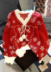 Neu Rot V Neck Print Lace Up Baumwolle Stricken Pullover