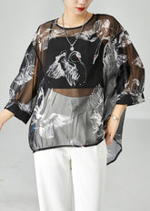 Boho Schwarz Oversized Print Tüll UPF 50+ Tops Armband Ärmel