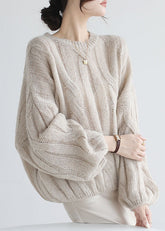 French Apricot Wollpullover mit O-Ausschnitt und Puffärmeln