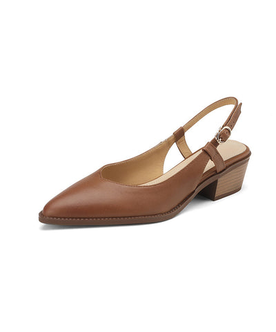 Chic Chunky Sandals Brown Cowhide Leather Pointed Toe Chic Chunky Sandals Brown Cowhide Leather Pointed Toe