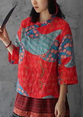 Camisa de lino con cuello alto y estampado vintage rojo, mangas con brazalete