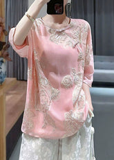 Chic Rosa O-Ausschnitt Bestickte Knopf Seidenhemden Armband Ärmel