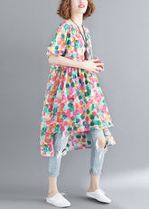 Französisches Kleid mit Rundhalsausschnitt, gerafftem Punktdruck und niedrigem, hohem Design, kurze Ärmel