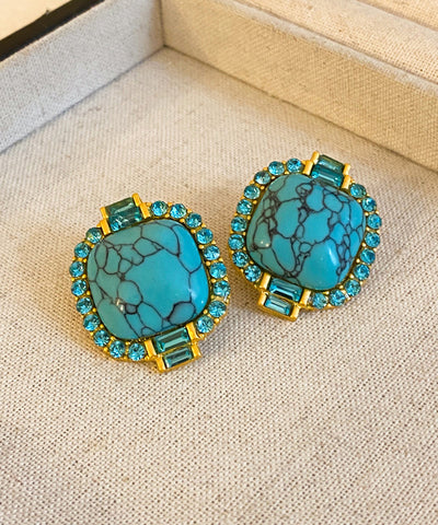 Pendientes de aleación azul retro con incrustaciones de circonita y turquesa  Pendientes de aleación azul retro con incrustaciones de circonita y turquesa