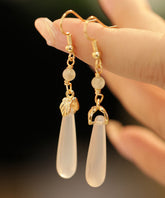 Brief White Copper Alloy Water Drop Chalcedony Drop Earrings