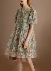 Versand in 24 Stunden/ iItalian Green O Neck Floral Patchwork Tüll Midi Kleider Puffärmel