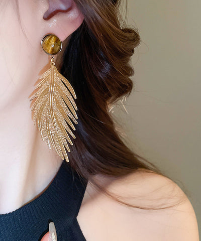 Novelty Gold Copper Zircon Tiger Eye Stone Leaf Drop Earrings Novelty Gold Copper Zircon Tiger Eye Stone Leaf Drop Earrings