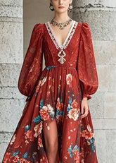 Hermosos vestidos de gasa con flores y cuello en V rojo para otoño