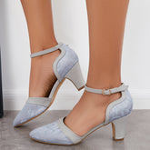 Geschlossene Zehenpartie Blockabsatz Spitze Satin Pumps Knöchelriemen Brautschuhe