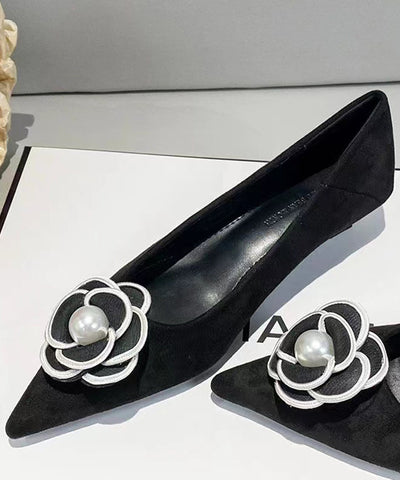 Classy Splicing Kitten Shoes Black Suede Floral Classy Splicing Kitten Shoes Black Suede Floral