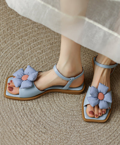 Blue Cowhide Leather Floral Splicing Sandals Peep Toe Blue Cowhide Leather Floral Splicing Sandals Peep Toe