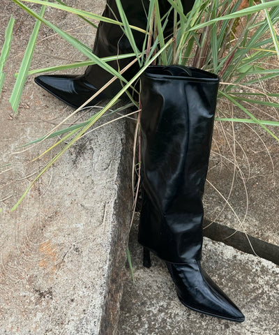 Schwarze Kunstleder Stiletto Heels Stiefel Fashion Splicing  Schwarze Kunstleder Stiletto Heels Stiefel Fashion Splicing