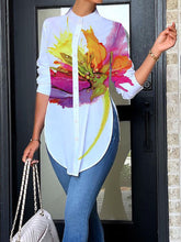 Three-Quarter Sleeves Buttoned Flower Print Split-Side Stand Collar Blouses&Shirts Tops