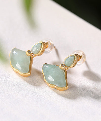 Original Design Cyan Sterling Silver Overgild Zircon Jade Ginkgo Leaf Stud Earrings Original Design Cyan Sterling Silver Overgild Zircon Jade Ginkgo Leaf Stud Earrings