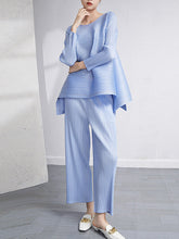 Lockeres, plissiertes, einfarbiges T-Shirt mit hohem und niedrigem Rundhalsausschnitt + Hose, zweiteiliges Set