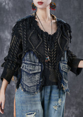 Boutique Schwarz Oversize Patchwork Denim Strick Tops Winter