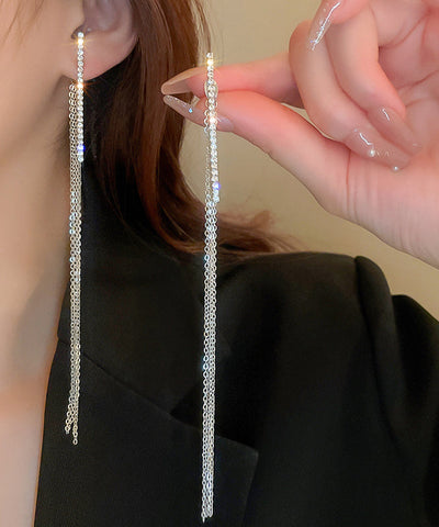 Pendientes finos de seda con borlas de circonitas en plata de ley  Pendientes finos de seda con borlas de circonitas en plata de ley