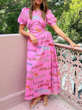 Vestido midi con estampado único, mangas abullonadas y cintura con cordón