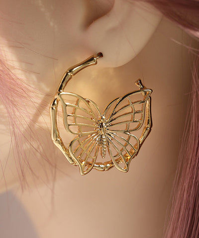 Pendientes de aro con diseño de mariposa hueca y sobredorado en plata de ley y oro de moda  Pendientes de aro con diseño de mariposa hueca y sobredorado en plata de ley y oro de moda