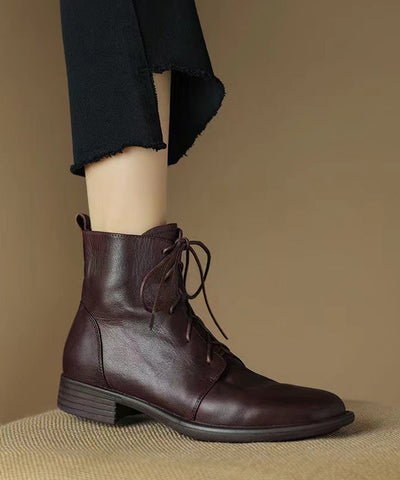 Black Cross Strap Splicing Cowhide Leather Chunky Boots Black Cross Strap Splicing Cowhide Leather Chunky Boots